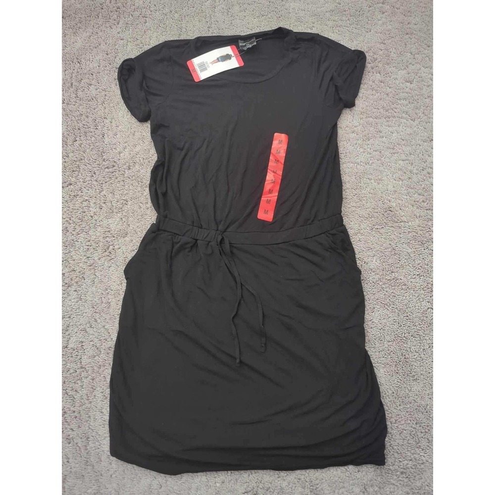 32 Degrees Cool T-Shirt Dress Womens M Black Drawstring Waist Pockets NEW